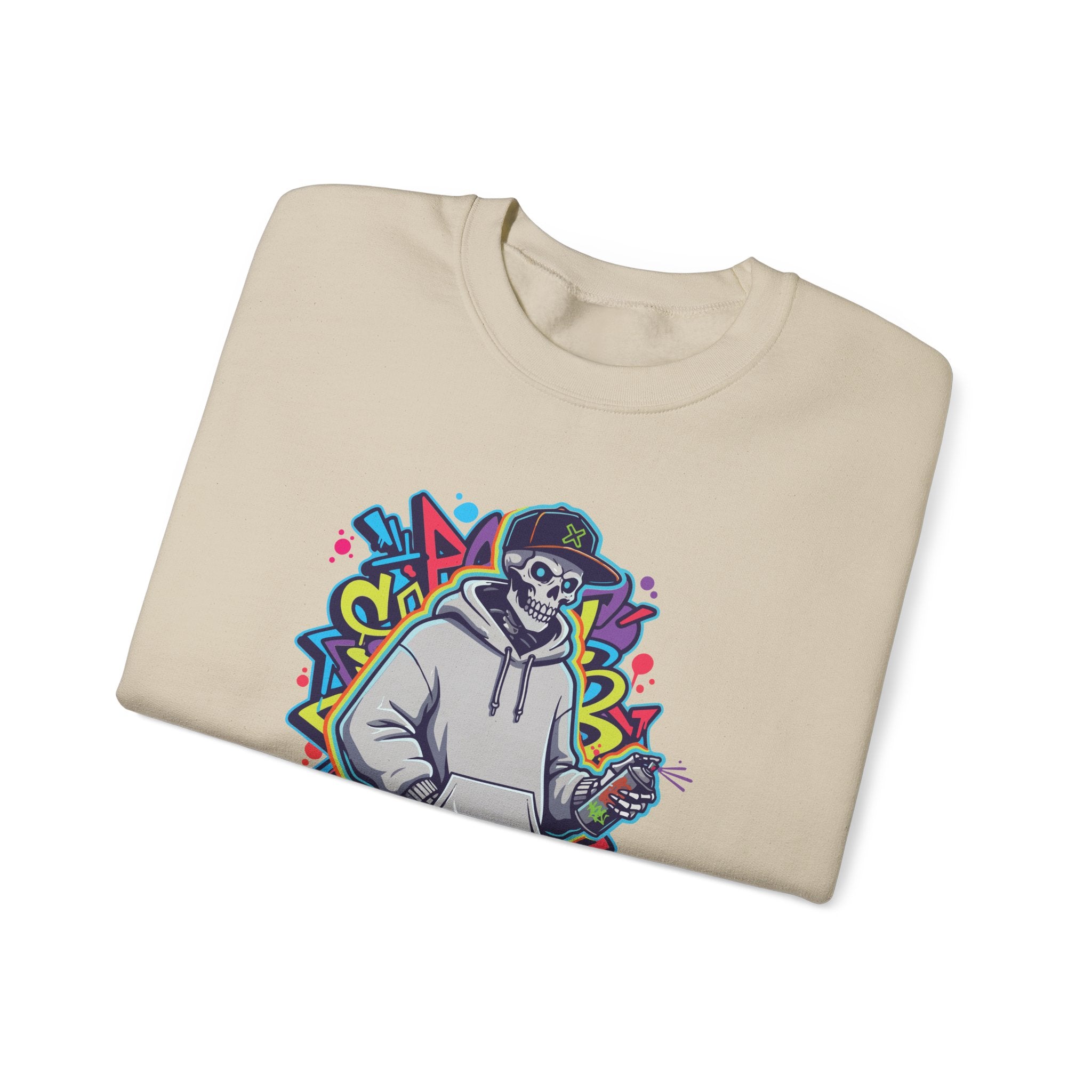 Beige sweatshirt with a colorful graphic design on a white background