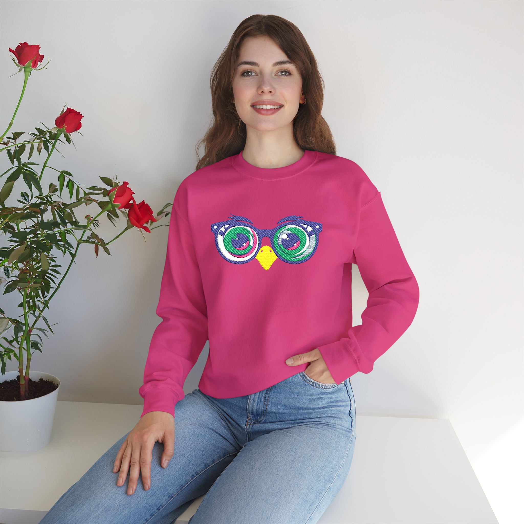 Owl Glasses Sequin Crewneck Sweatshirt Whimsical Sparkle Pullover