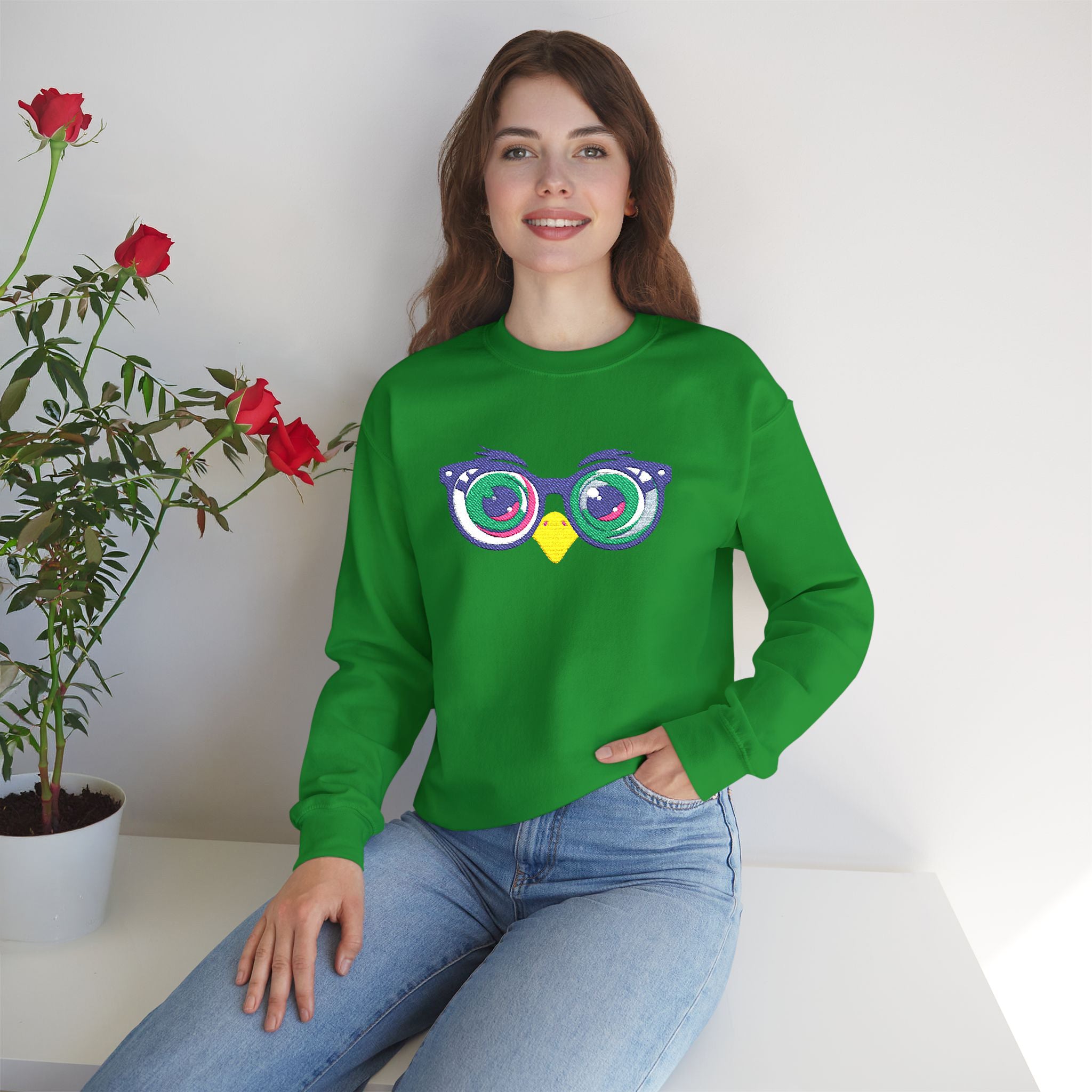 Owl Glasses Sequin Crewneck Sweatshirt Whimsical Sparkle Pullover