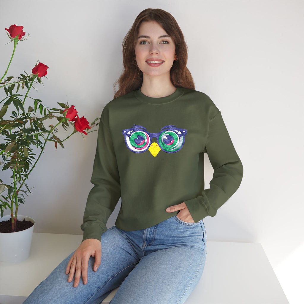 Owl Glasses Sequin Crewneck Sweatshirt Whimsical Sparkle Pullover