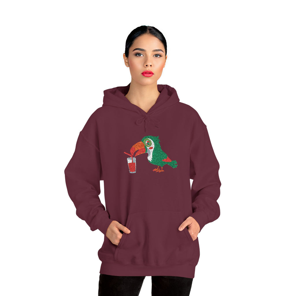 Maroon hoodie with a parrot graphic on a white background