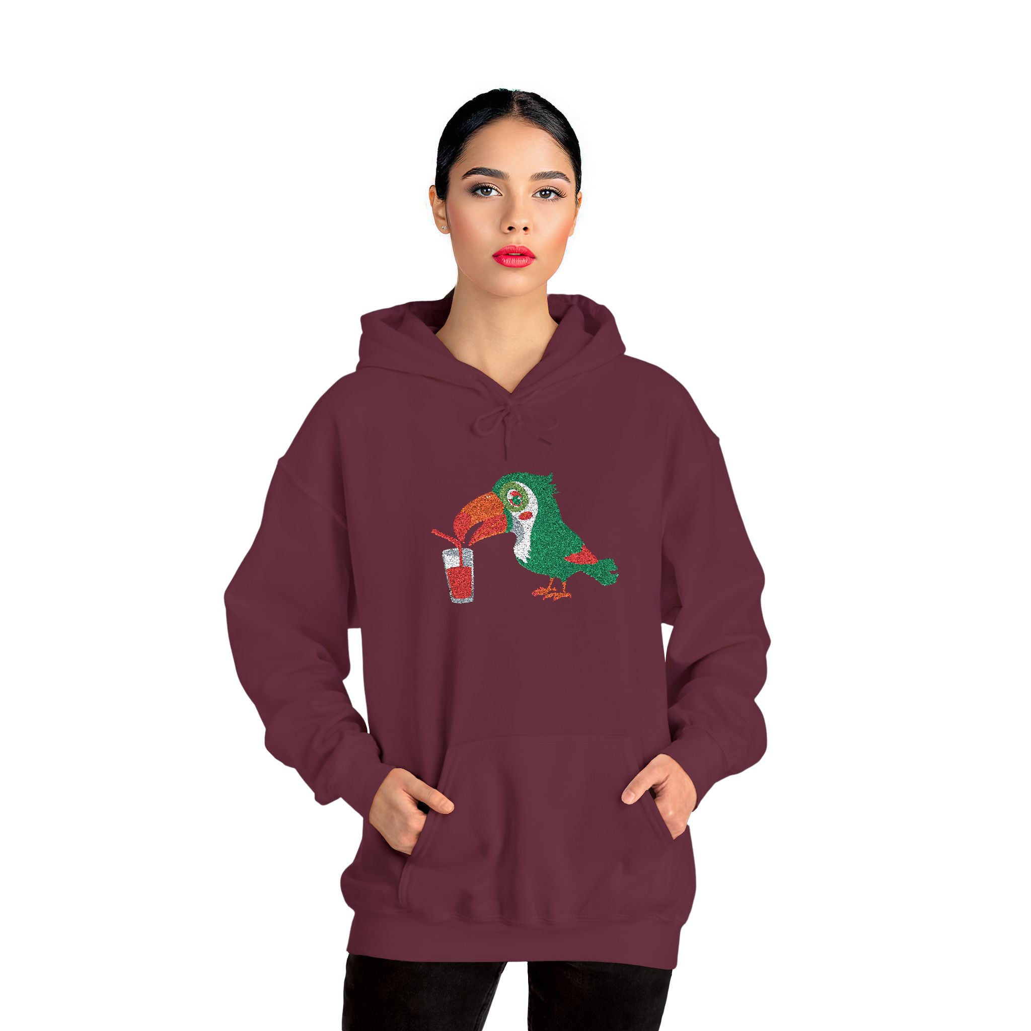 Maroon hoodie with a parrot graphic on a white background