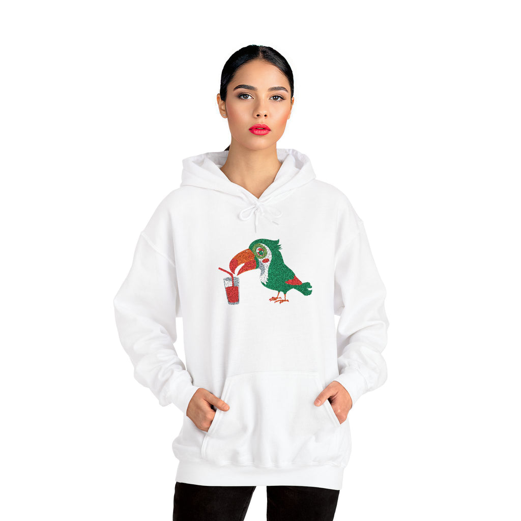 White hoodie with a colorful parrot design worn by a person on a white background
