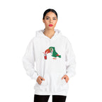 White hoodie with a colorful parrot design worn by a person on a white background