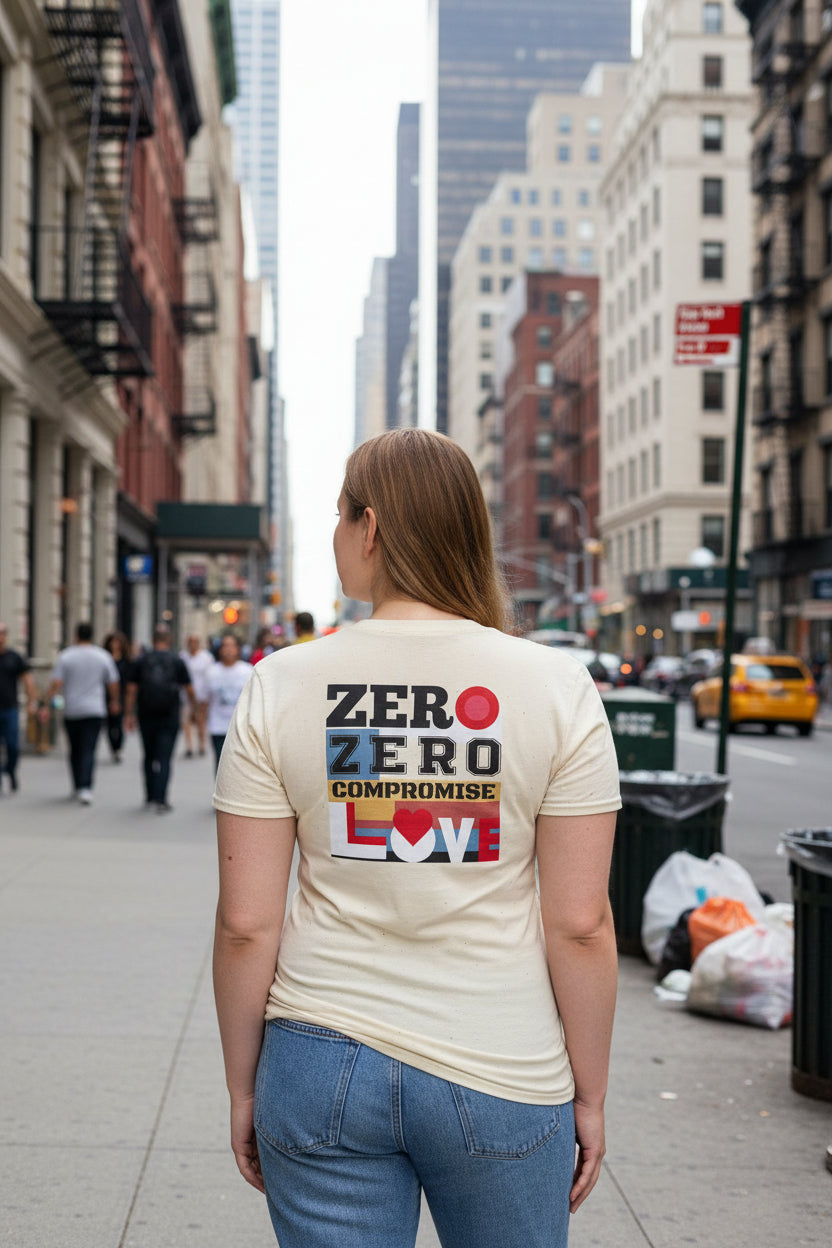 Person wearing a beige t-shirt with 'Zero Zero Compromise' text and design on the back.