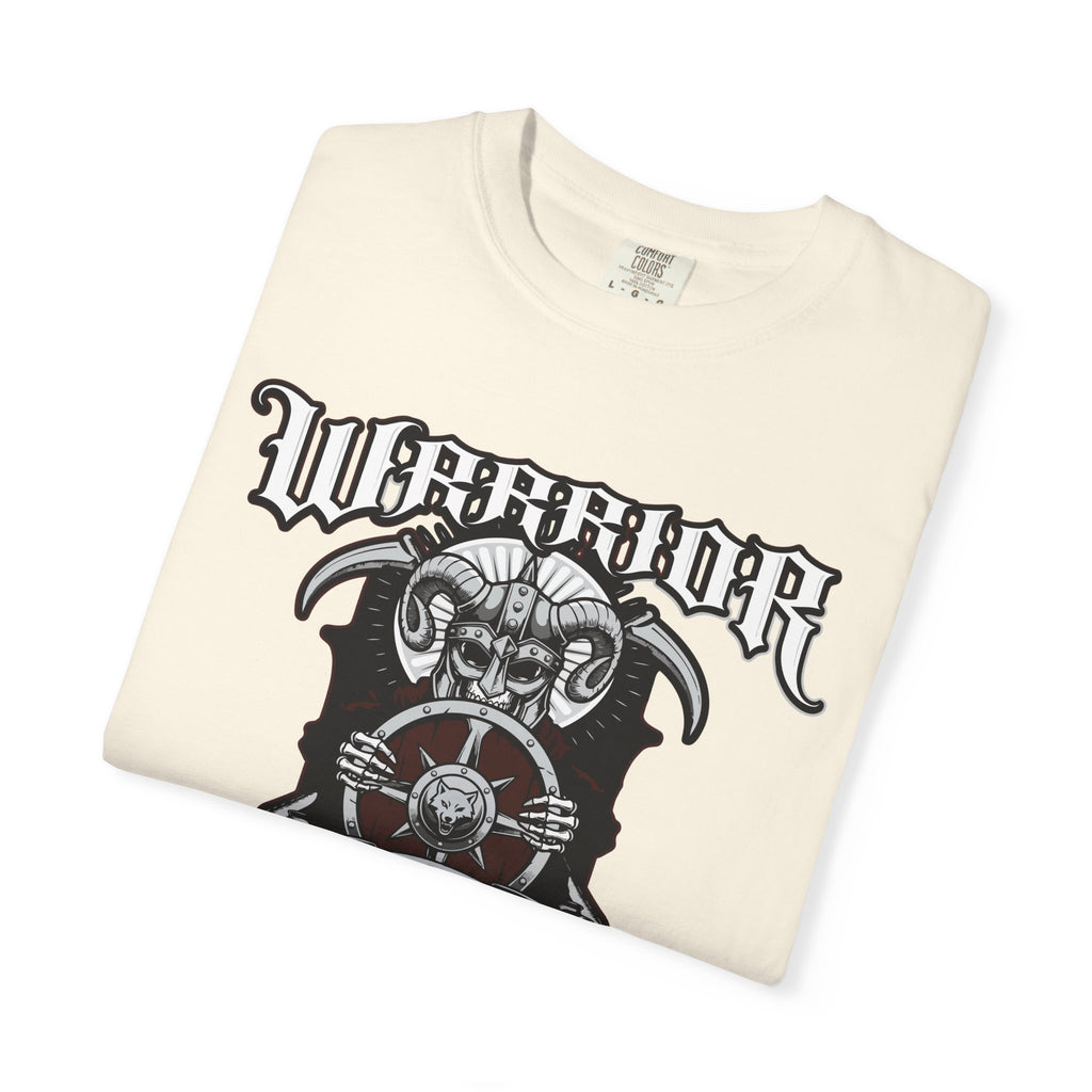 Folded t-shirt with 'Warrior' design on a white background