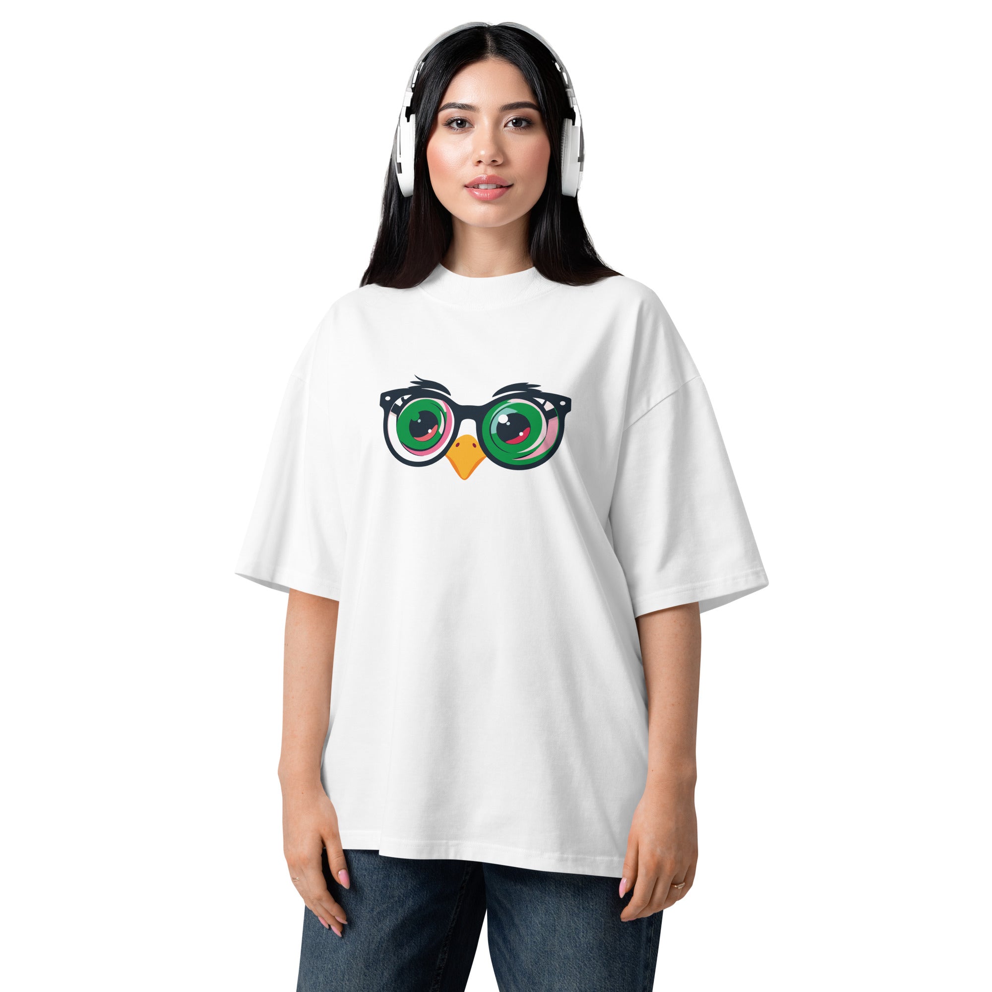 Person wearing a white t-shirt with a graphic of sunglasses and headphones on a white background