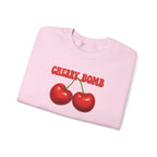 Pink sweatshirt with cherry design and 'Cherry Bomb' text on a white background
