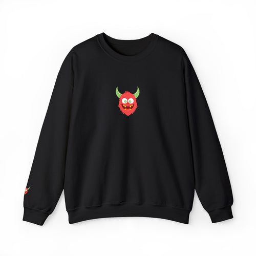 Black sweatshirt with a red monster face design on a white background
