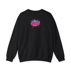 Black sweatshirt with colorful 'LOVE' design on the back against a white background