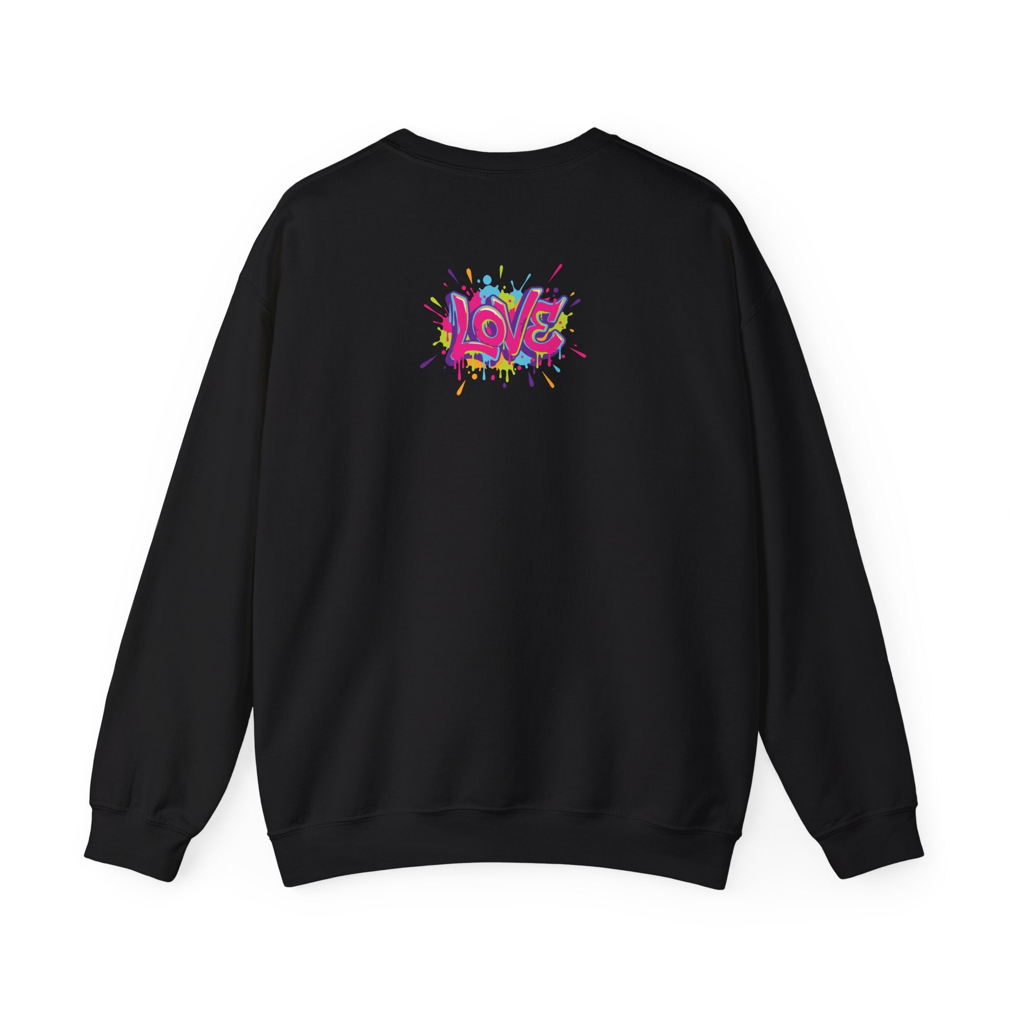 Black sweatshirt with colorful 'LOVE' design on the back against a white background