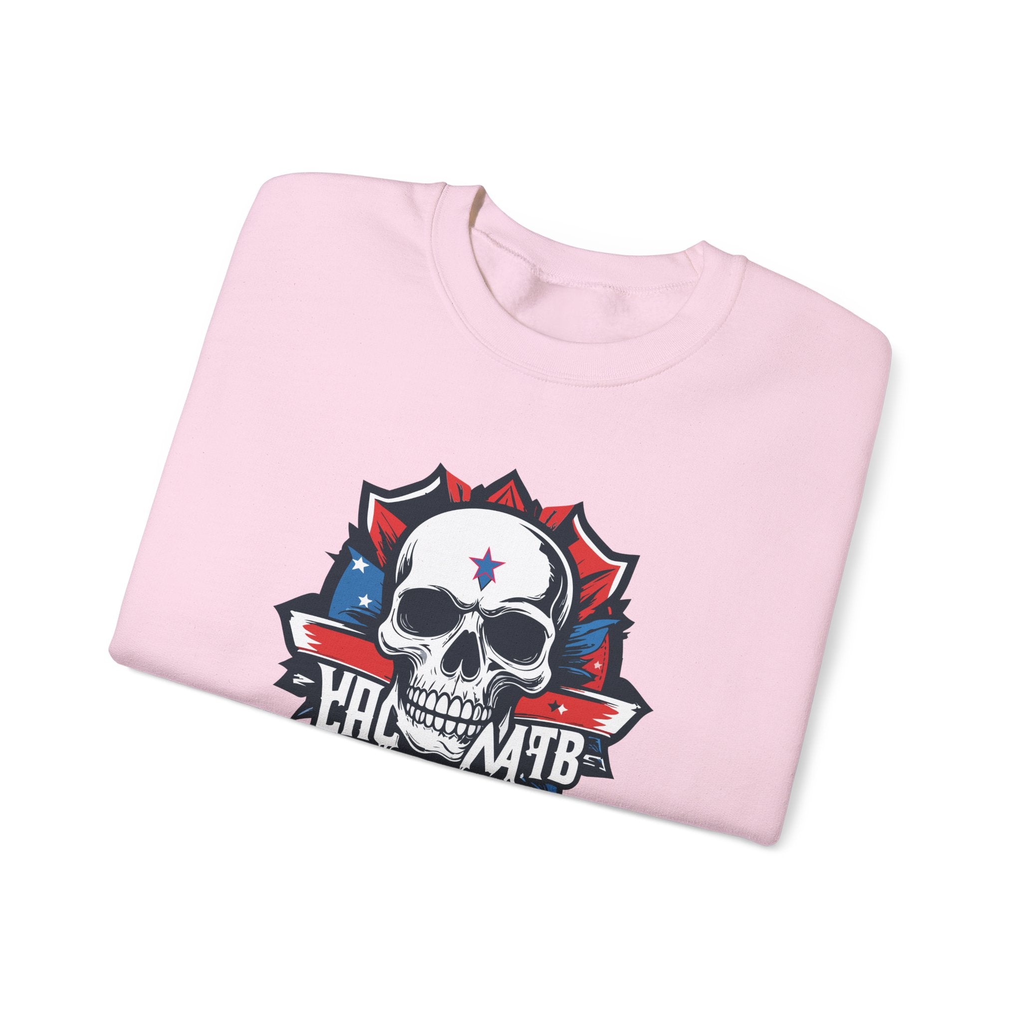 Pink sweatshirt with a skull design and text on a white background