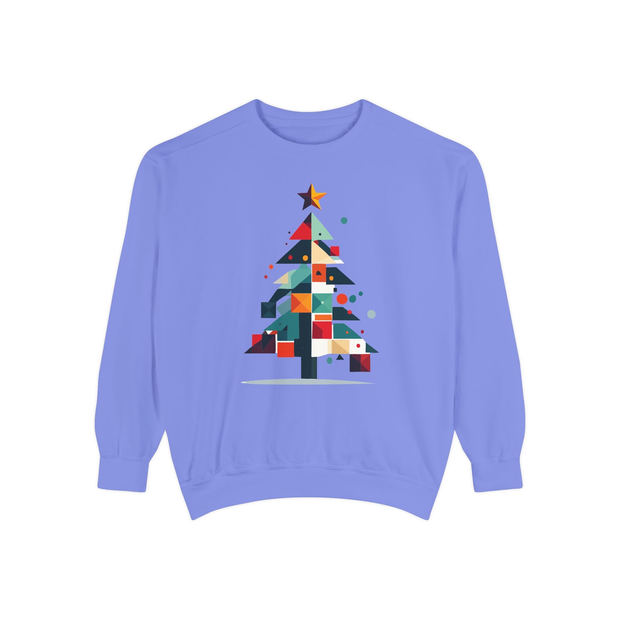 Purple sweatshirt with a colorful Christmas tree design on a white background