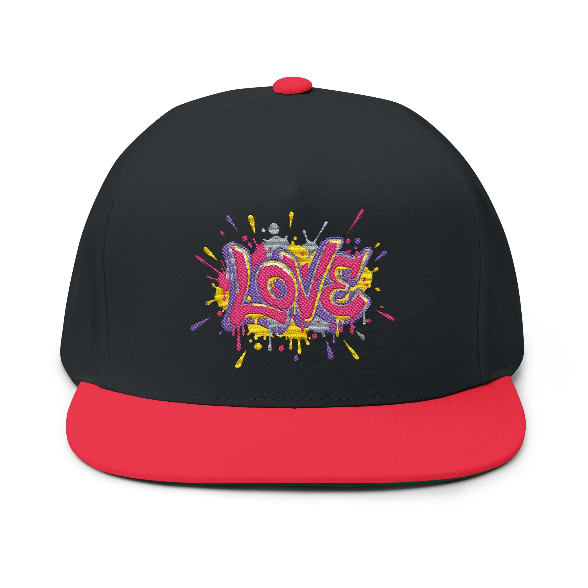 Black cap with colorful 'LOVE' design and red brim on a white background