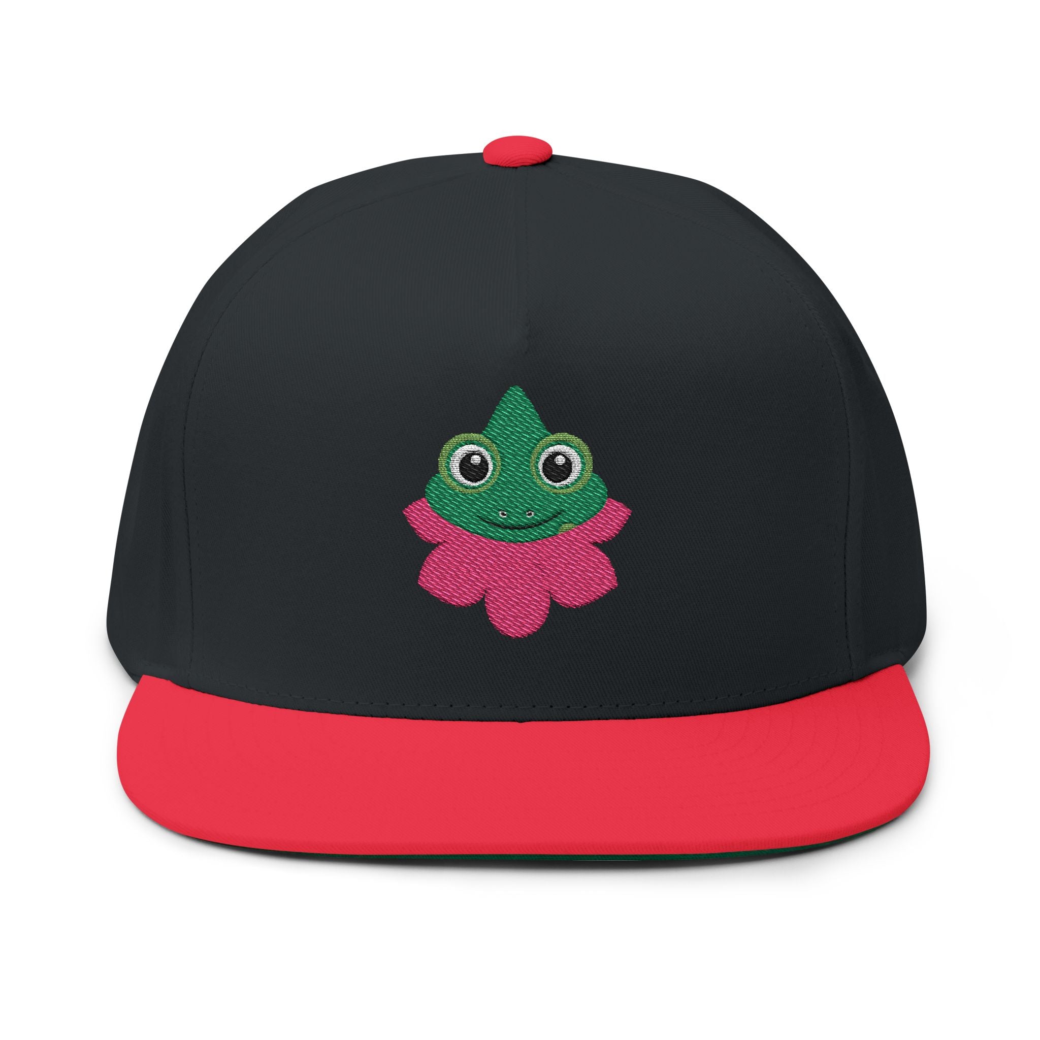 Black and red cap with a green and pink frog design on a white background