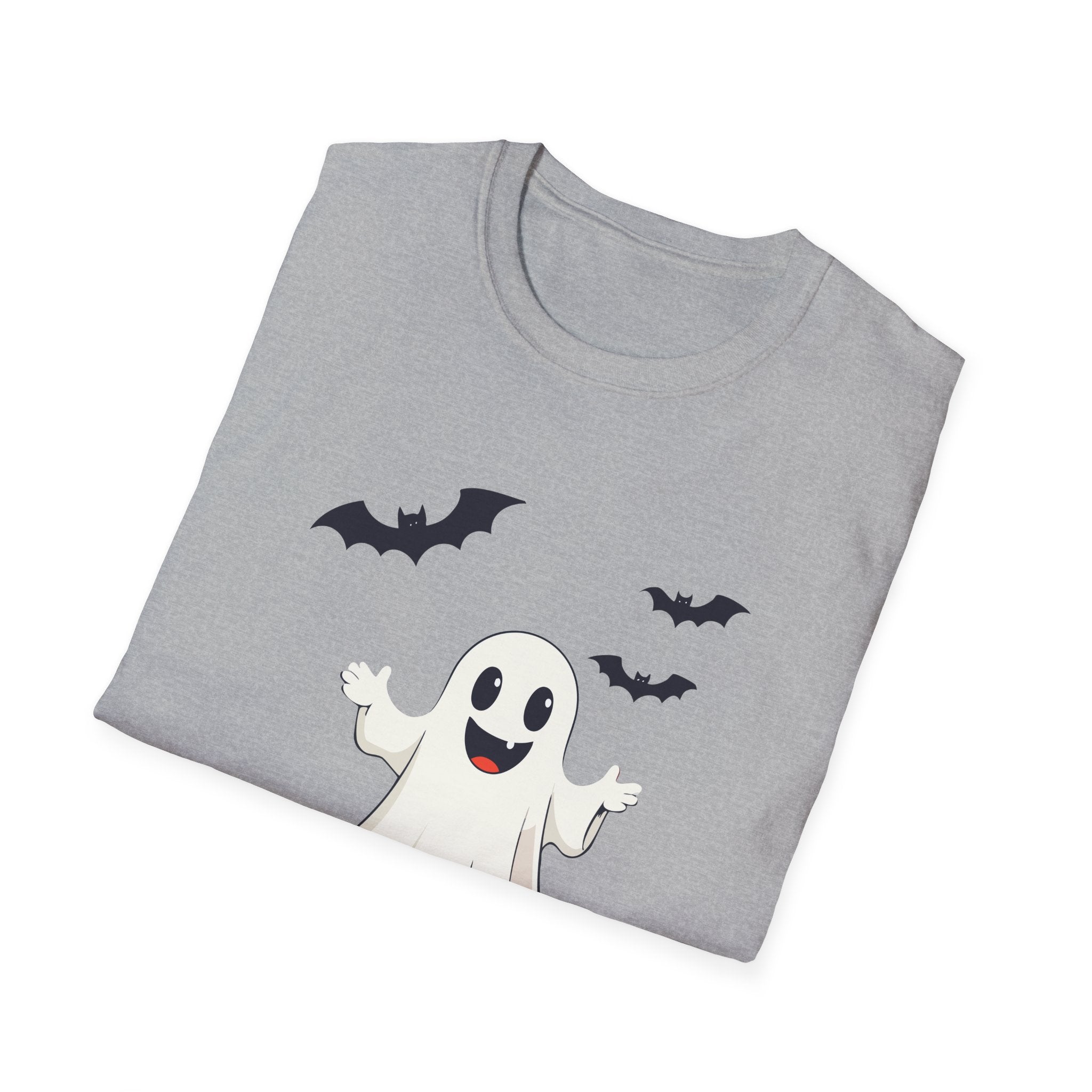 Folded gray t-shirt with Halloween-themed design of a ghost and bats on a white background