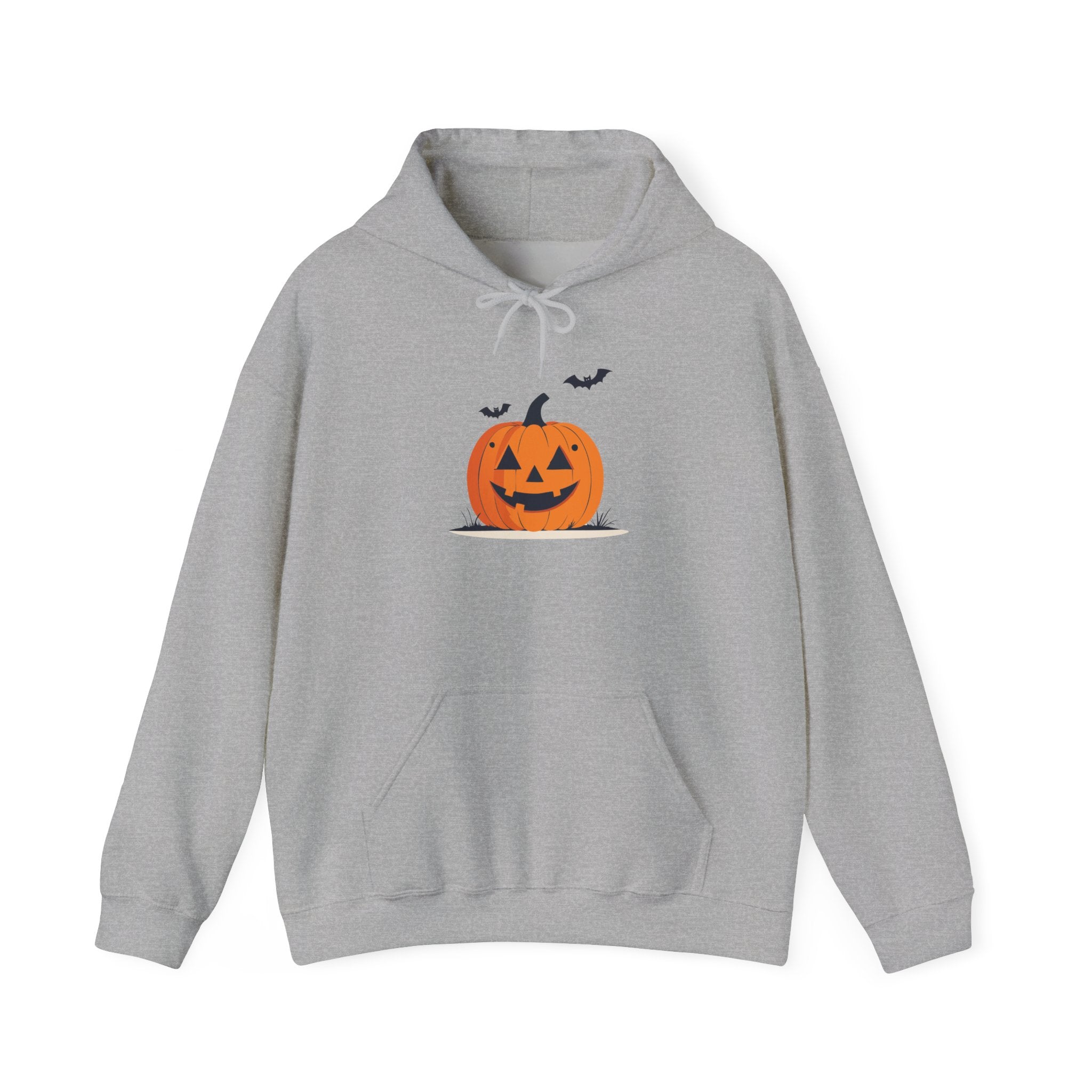 Gray hoodie with a Halloween pumpkin design on a white background