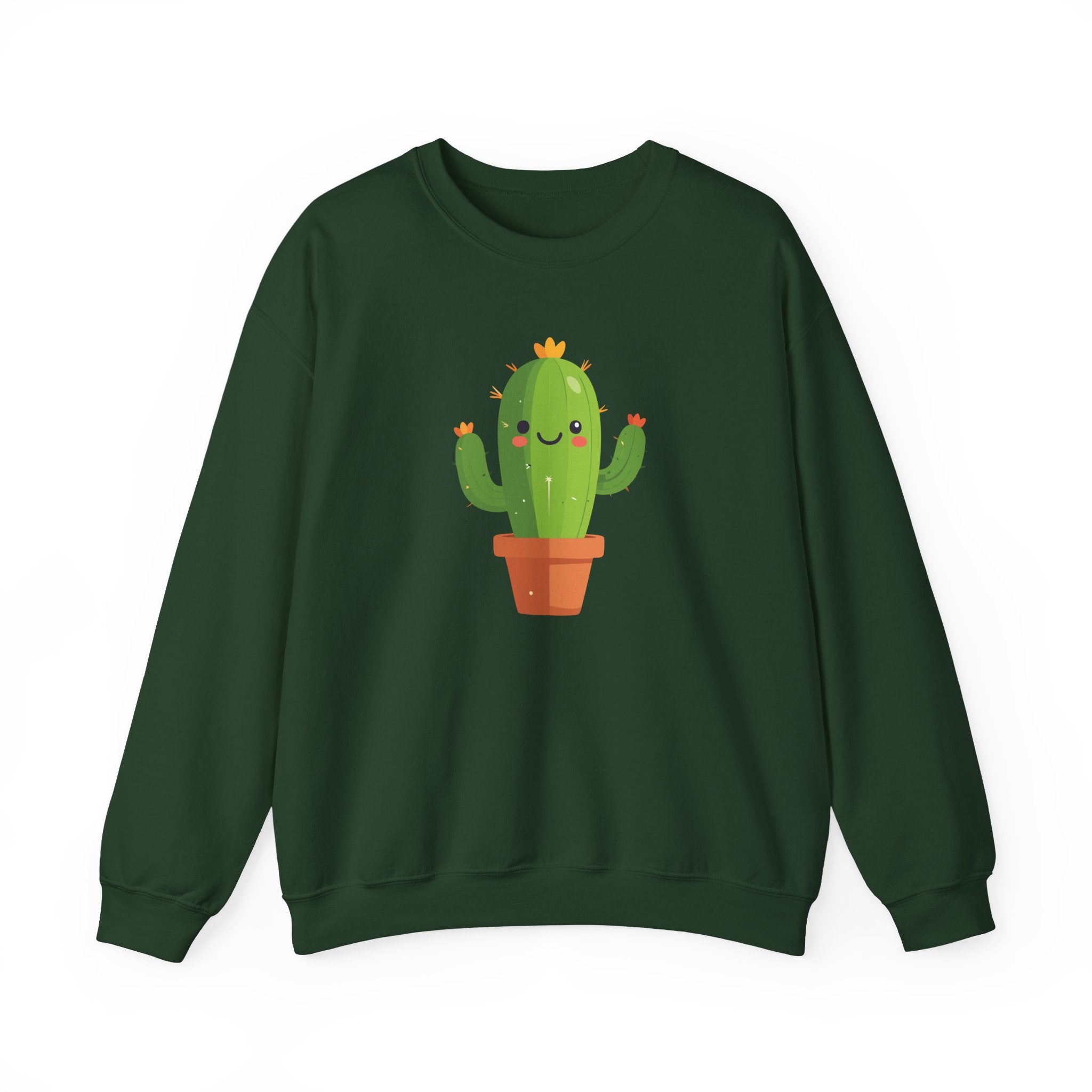 Green sweatshirt with a cartoon cactus design on a white background