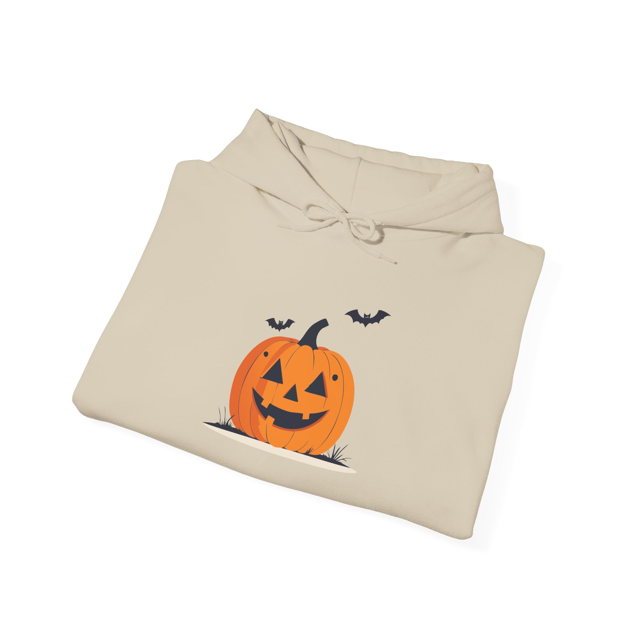Beige hoodie with a Halloween pumpkin design on a white background