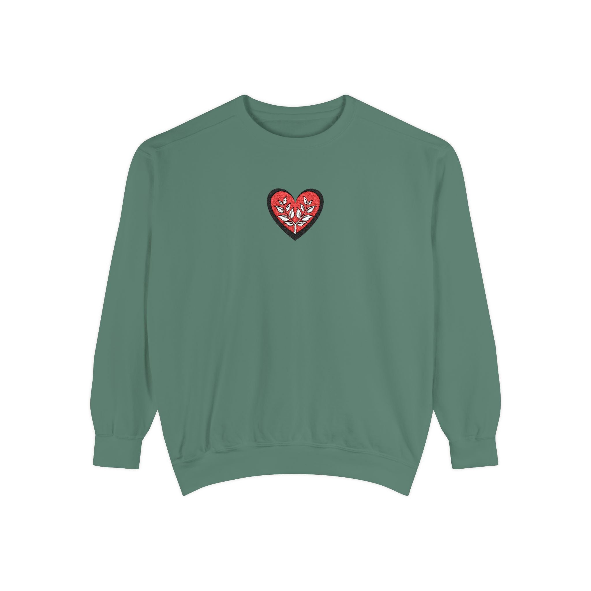 Green sweatshirt with a red heart design on a white background