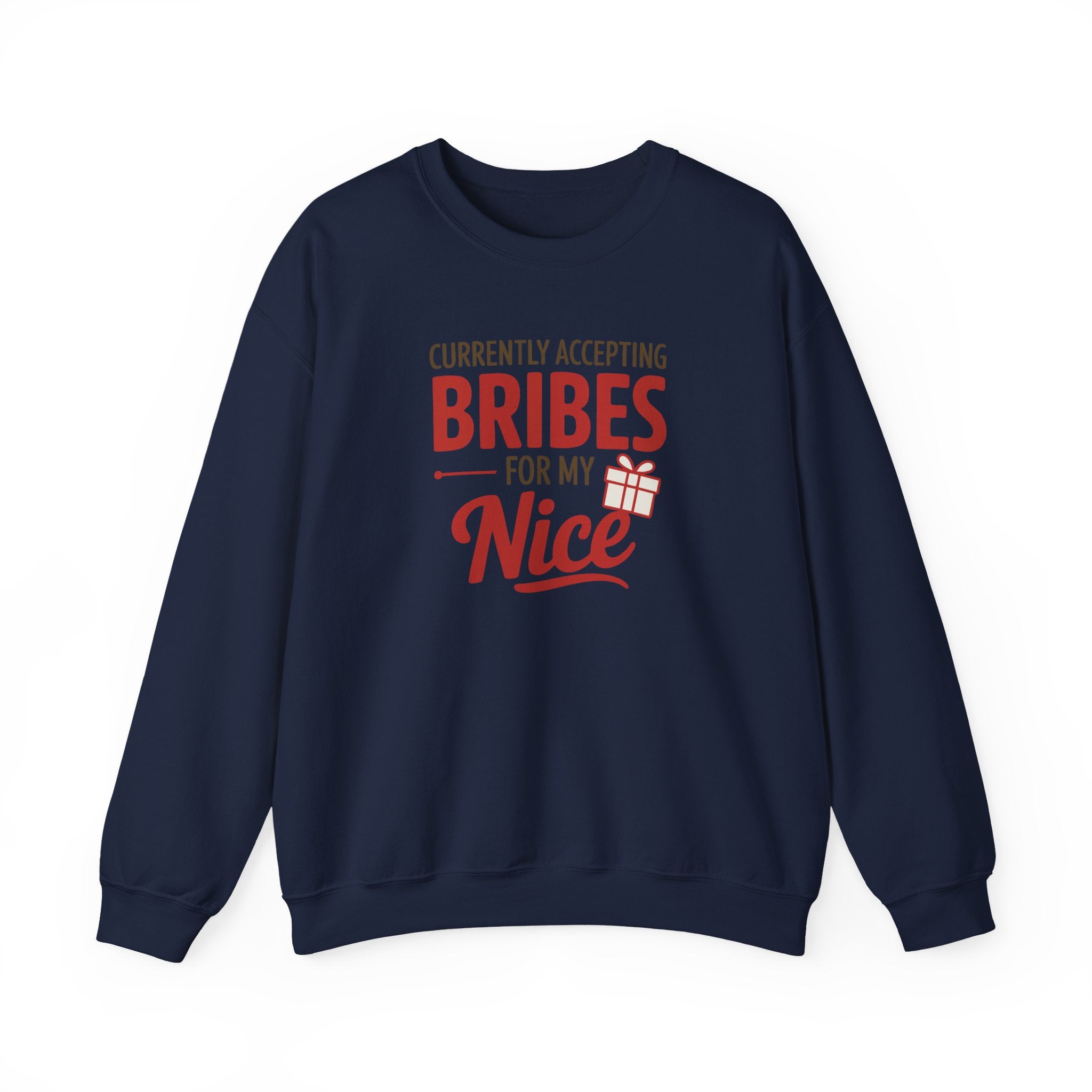 Navy blue sweatshirt with red and white text on a white background