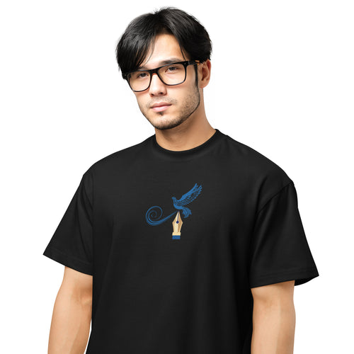 Man wearing a black t-shirt with a blue graphic design on a white background