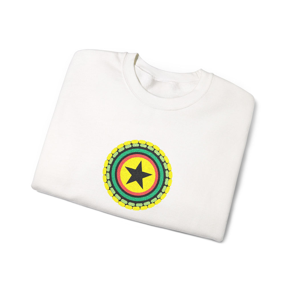 White sweatshirt with a colorful circular design featuring a star on a white background