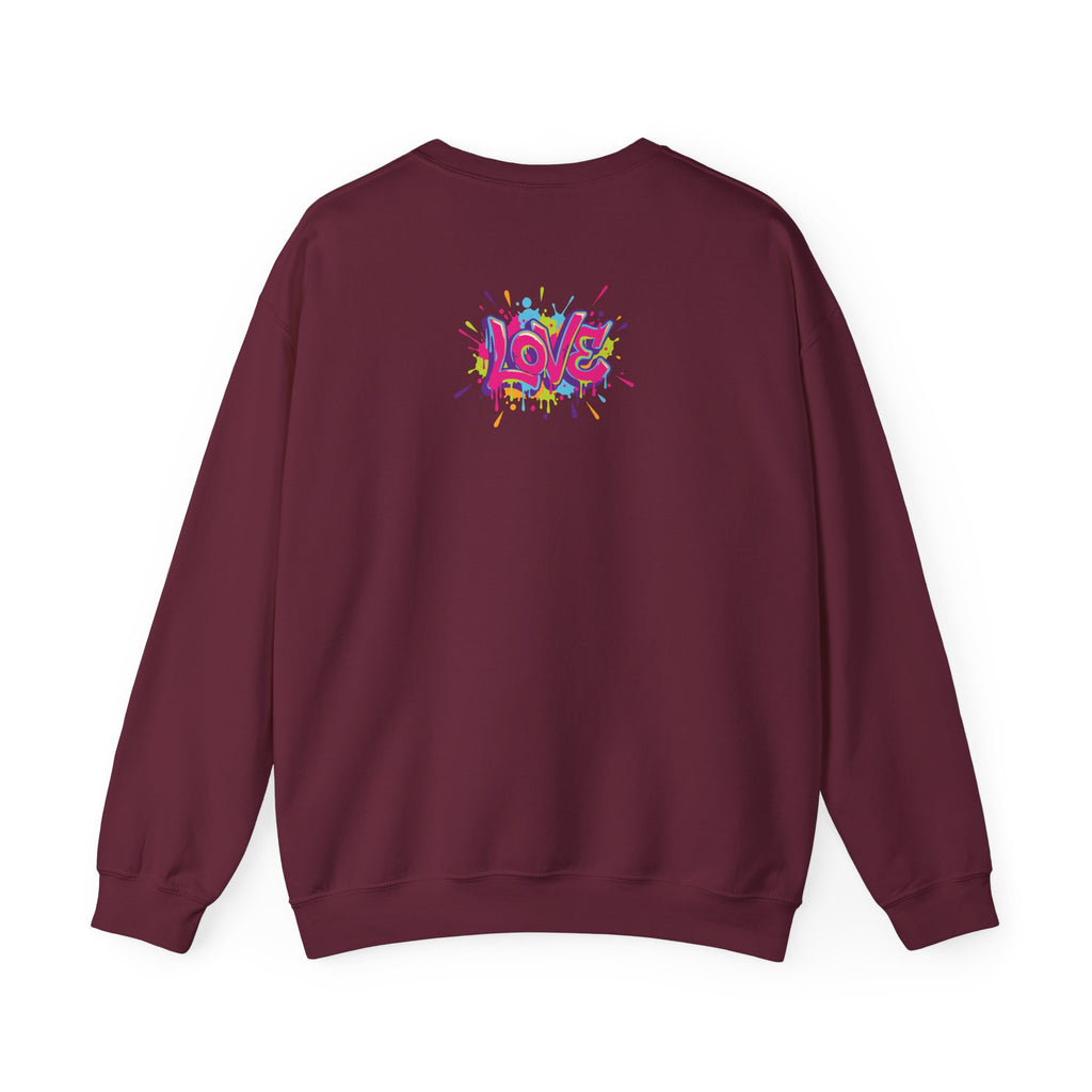 Maroon sweatshirt with colorful 'LOVE' design on the back against a white background