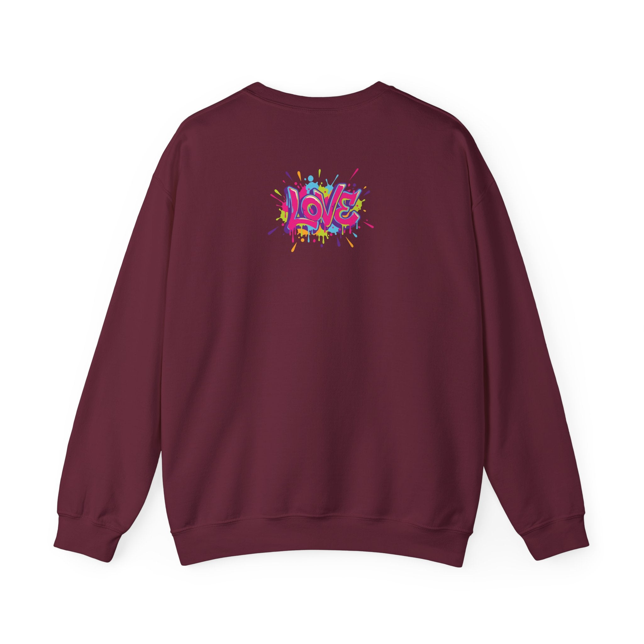 Maroon sweatshirt with colorful 'LOVE' design on the back against a white background