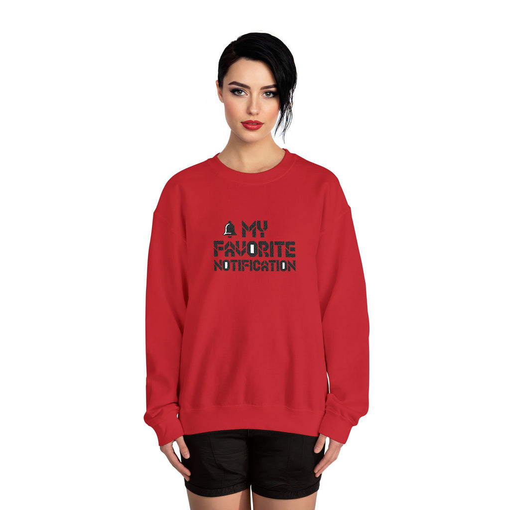 Red sweatshirt with text worn by a model on a white background