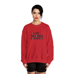 Red sweatshirt with text worn by a model on a white background
