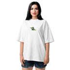 Woman wearing a white t-shirt with a small design on a white background