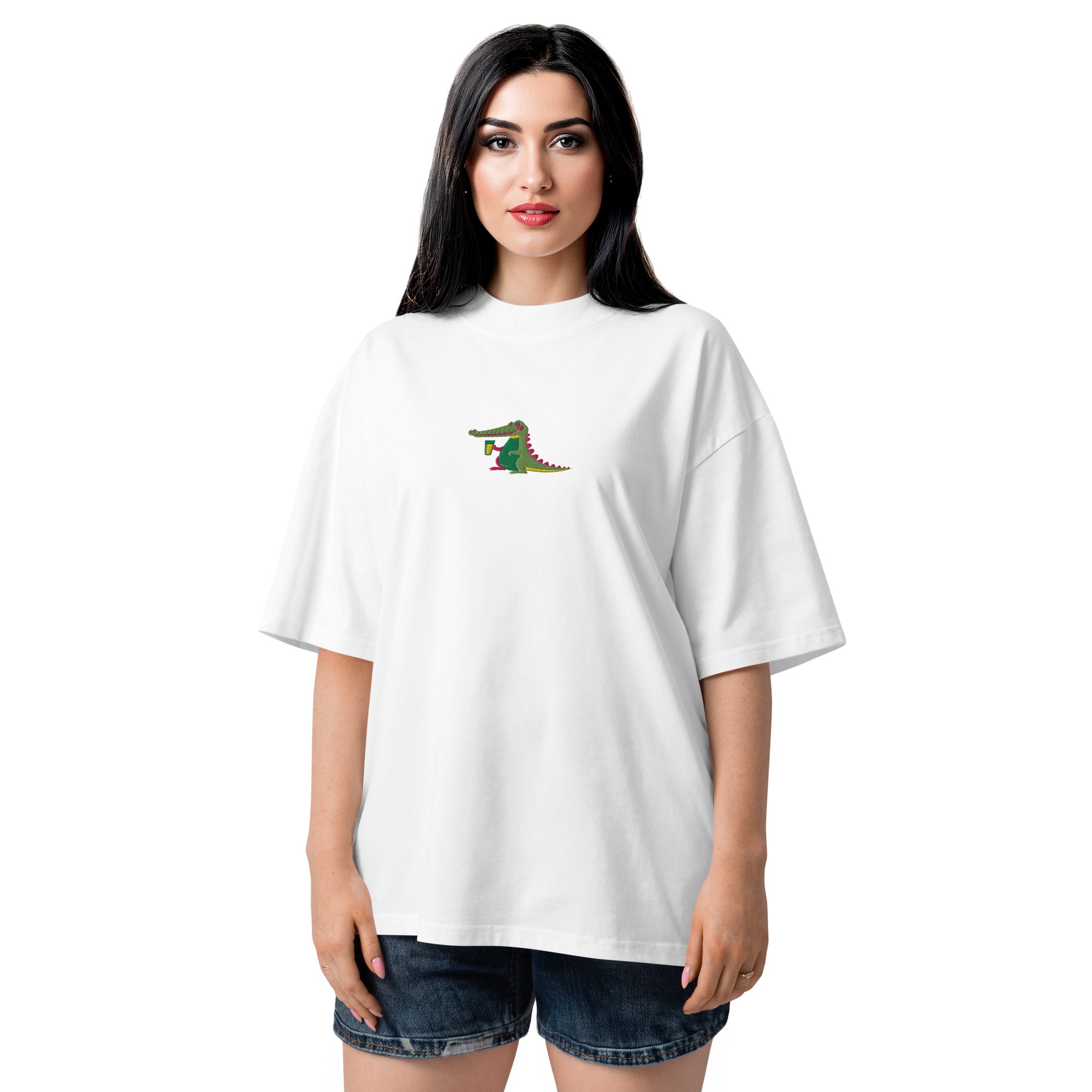 Woman wearing a white t-shirt with a small design on a white background