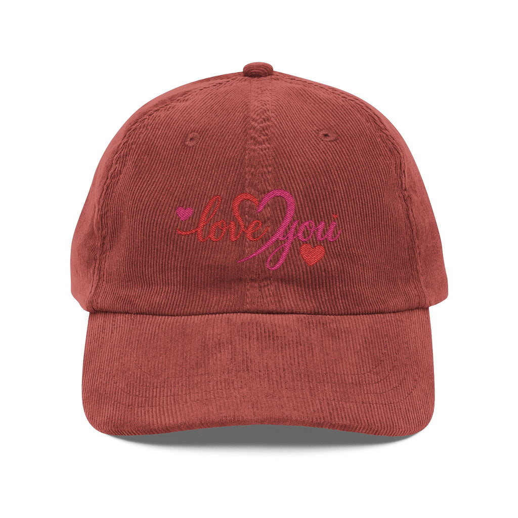 Red cap with 'love you' embroidery on a white background
