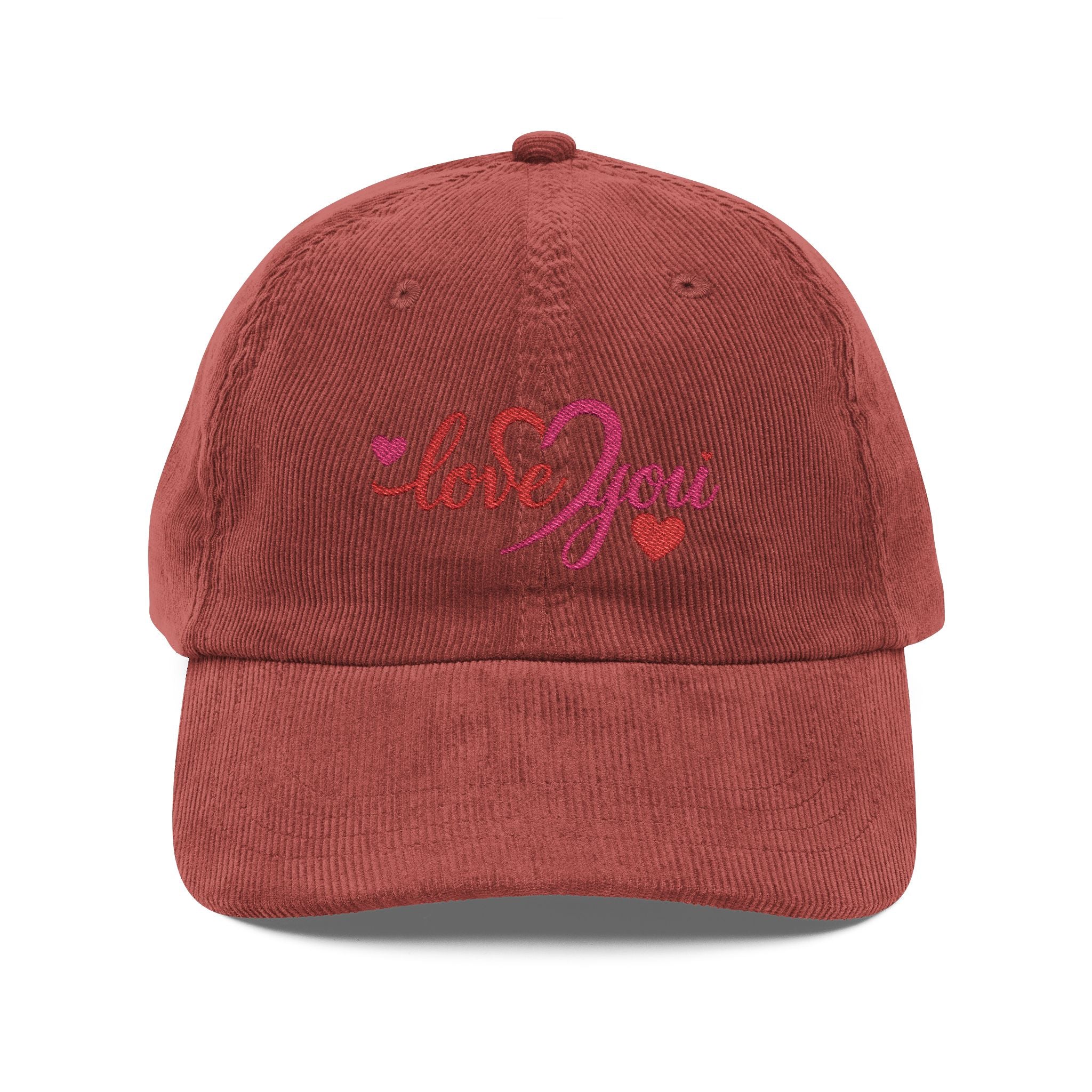 Red cap with 'love you' embroidery on a white background