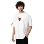 Person wearing a white t-shirt with a red graphic design on a white background