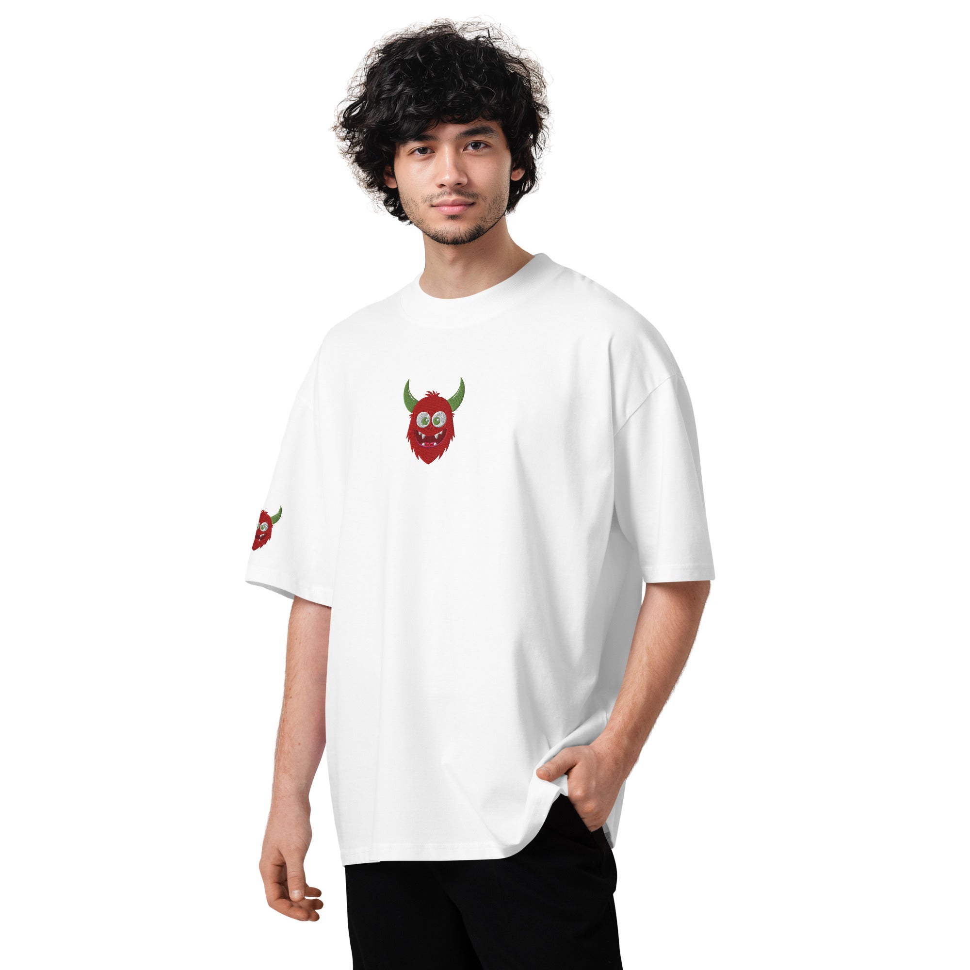 Person wearing a white t-shirt with a red graphic design on a white background
