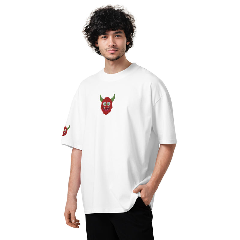 Person wearing a white t-shirt with a red graphic design on a white background
