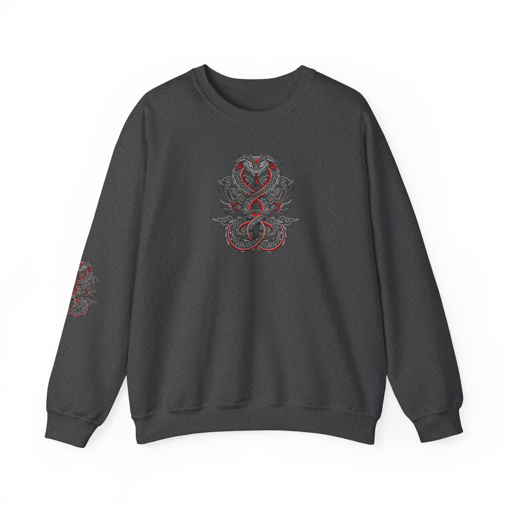 Dark gray sweatshirt with red and white snake design on a white background