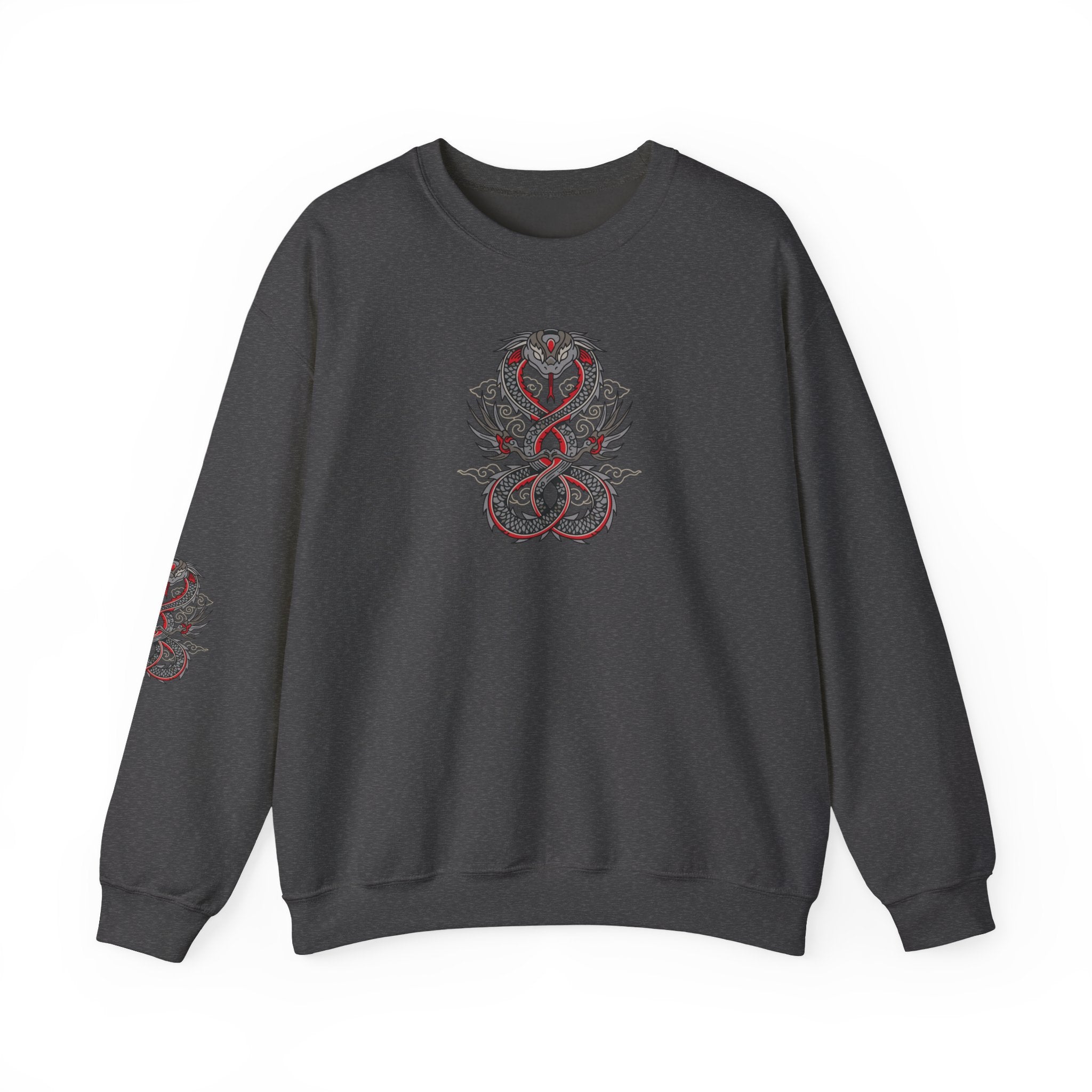 Dark gray sweatshirt with red and white snake design on a white background