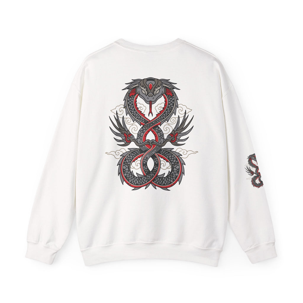 White sweatshirt with a snake design on the back against a white background