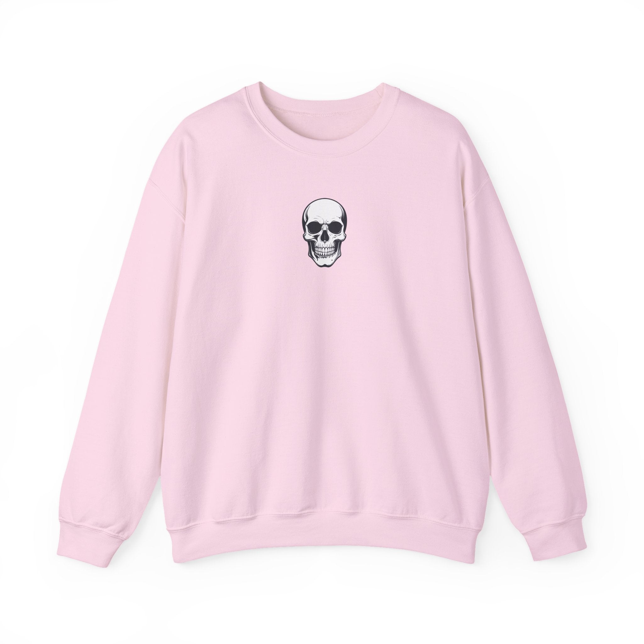 Pink sweatshirt with a skull design on a white background