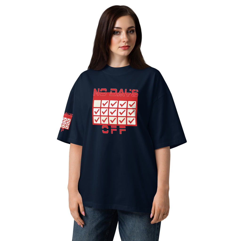 Person wearing a navy blue t-shirt with red text and graphics on a white background