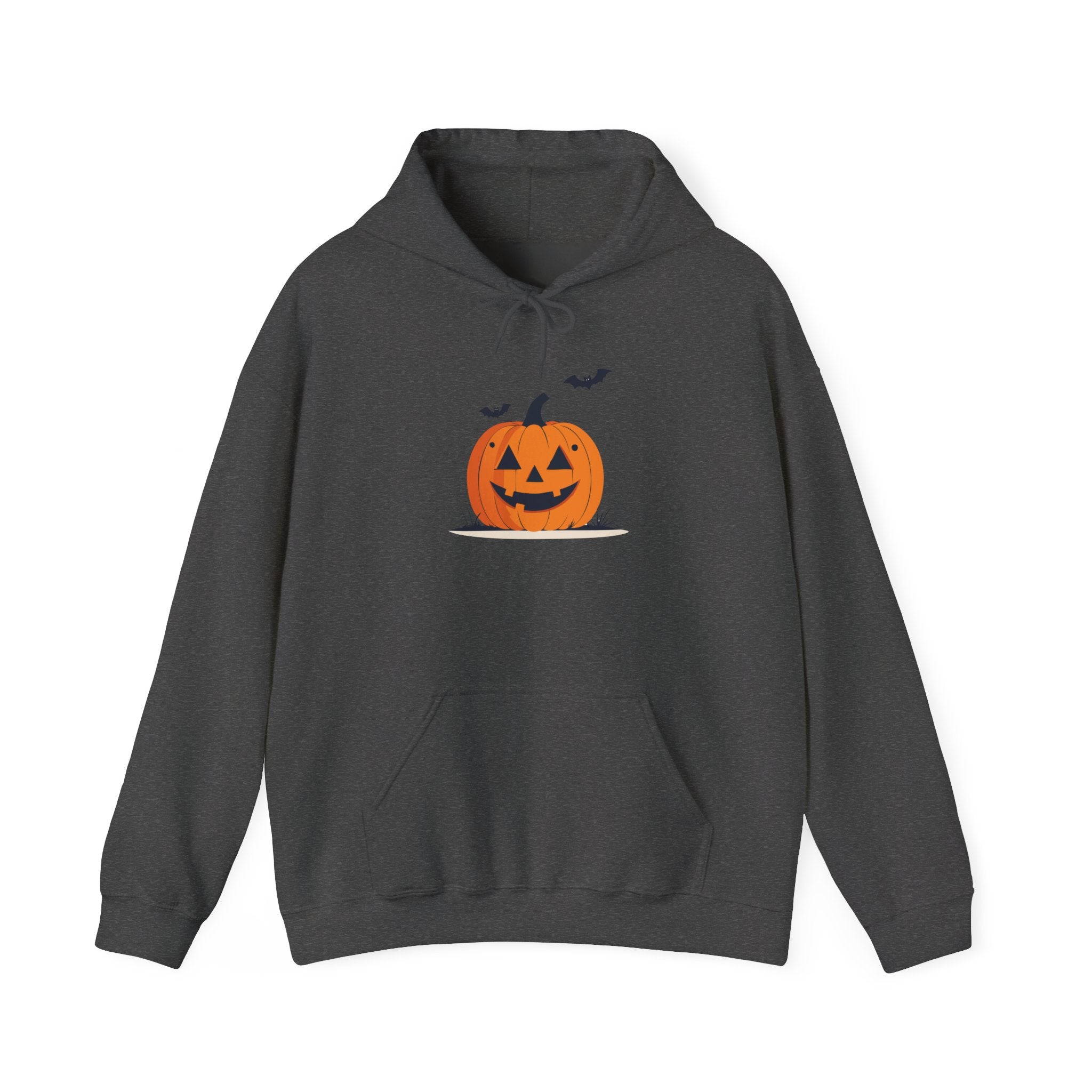 Dark gray hoodie with a pumpkin design on a white background