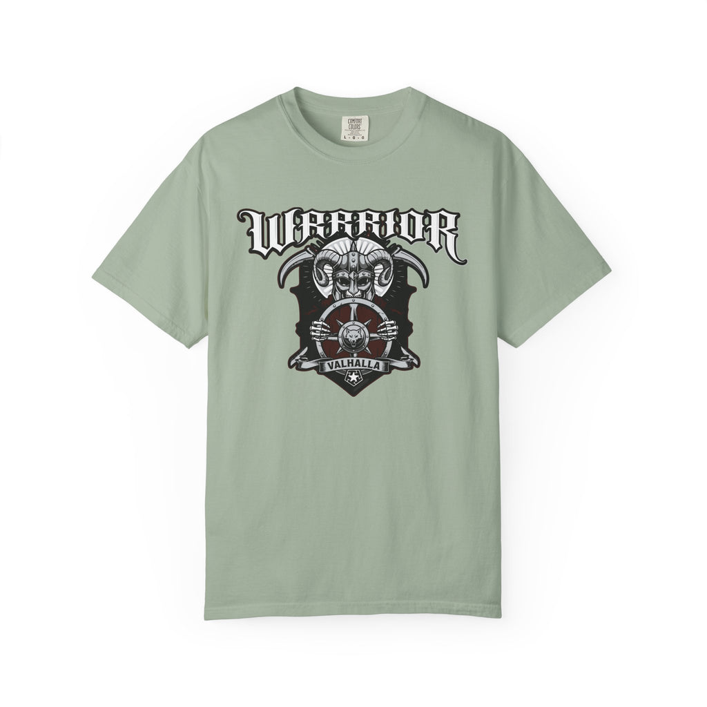 Light green t-shirt with 'Warrior Valhalla' graphic design on a white background