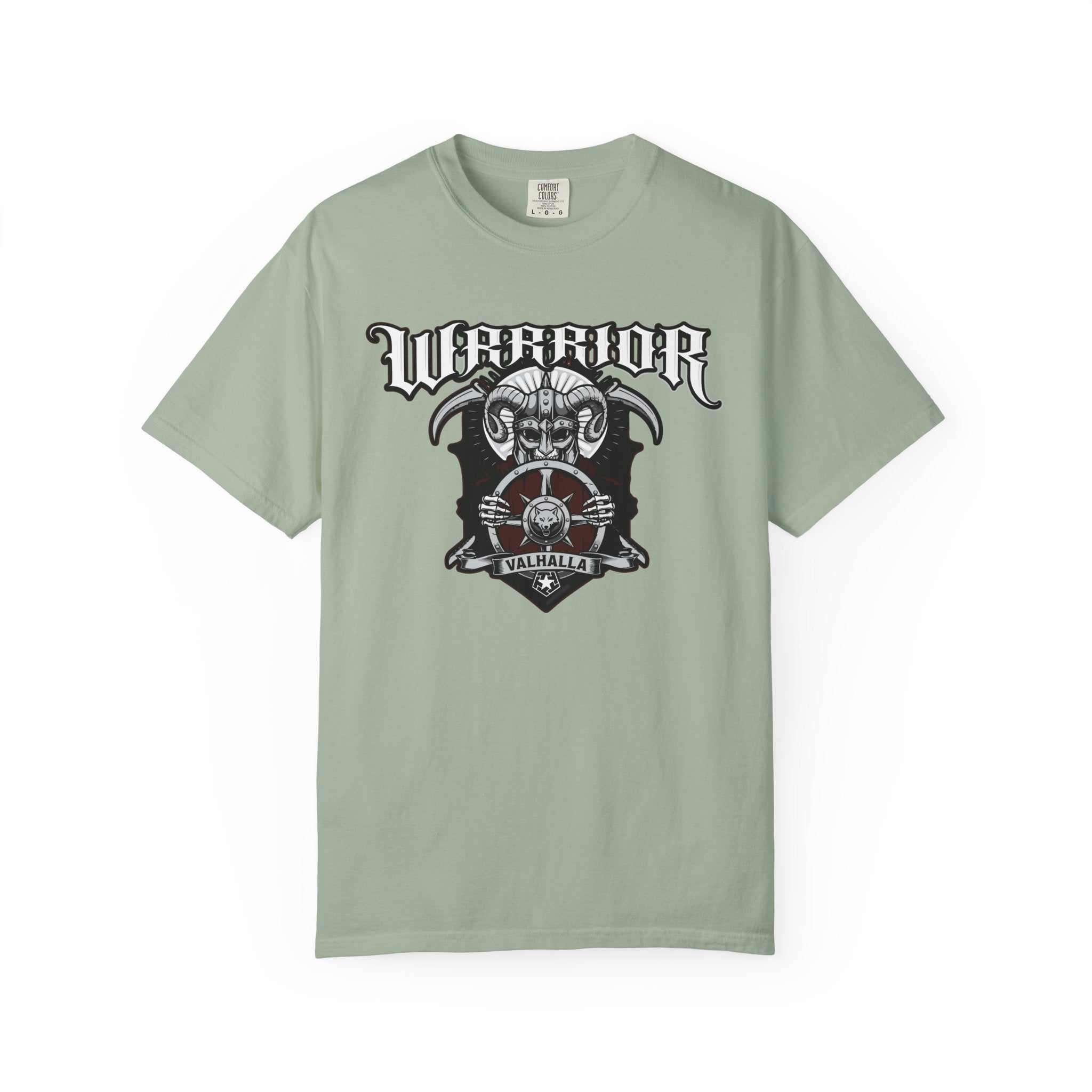 Light green t-shirt with 'Warrior Valhalla' graphic design on a white background