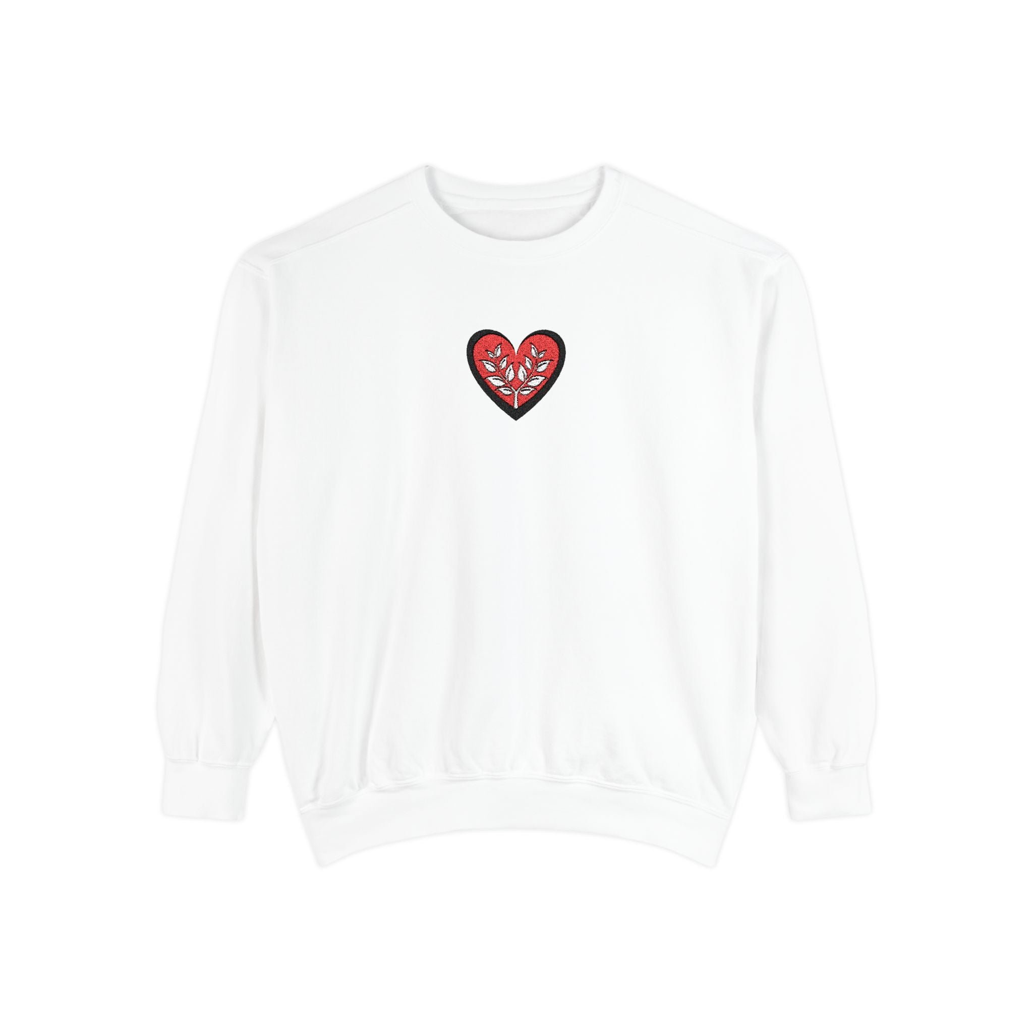 White sweatshirt with a red heart design on a white background