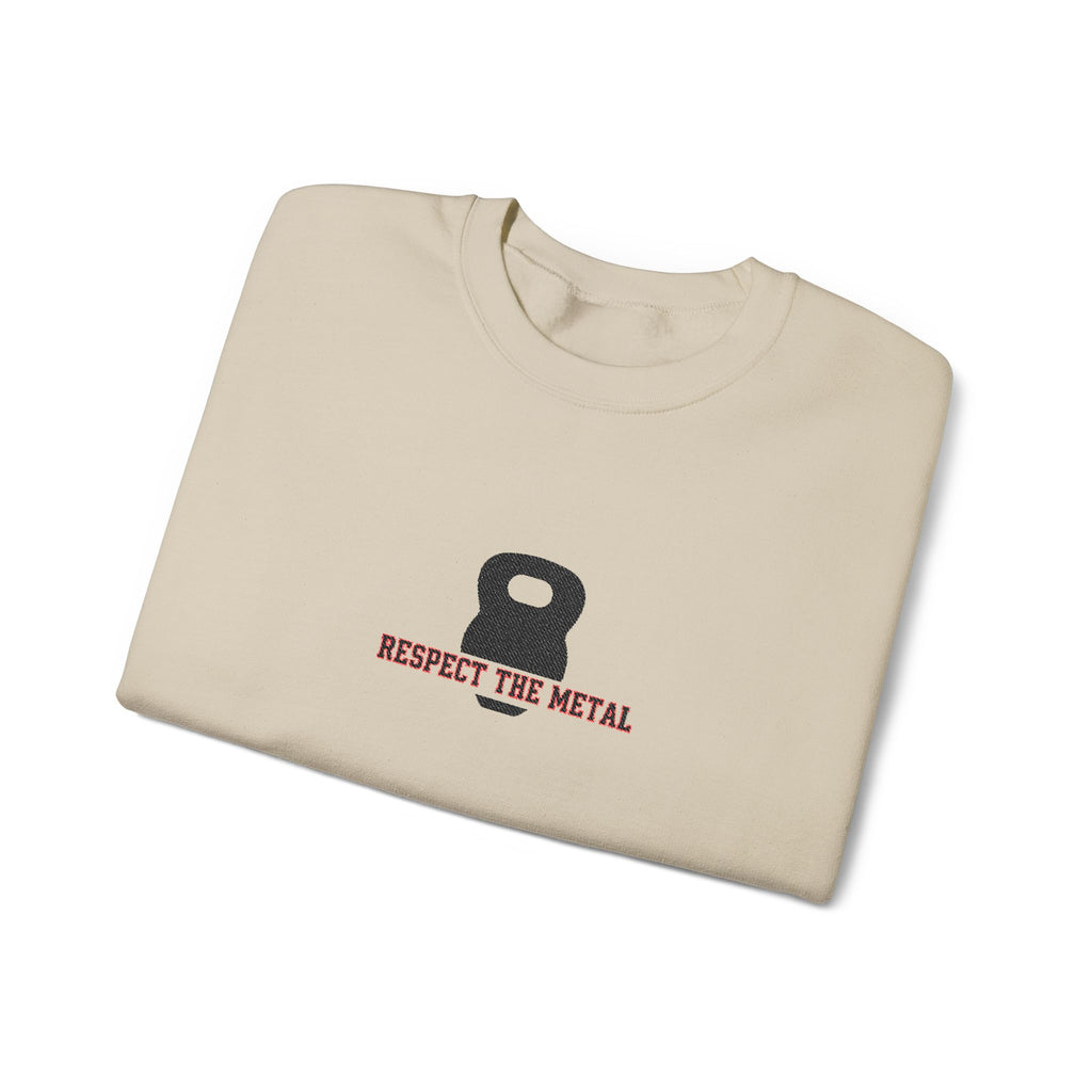 Beige sweatshirt with kettlebell graphic and 'Respect the Metal' text on a white background
