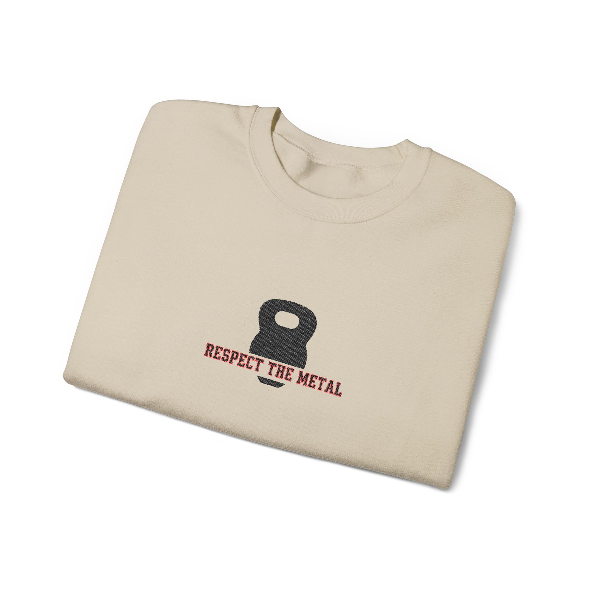 Beige sweatshirt with kettlebell graphic and 'Respect the Metal' text on a white background