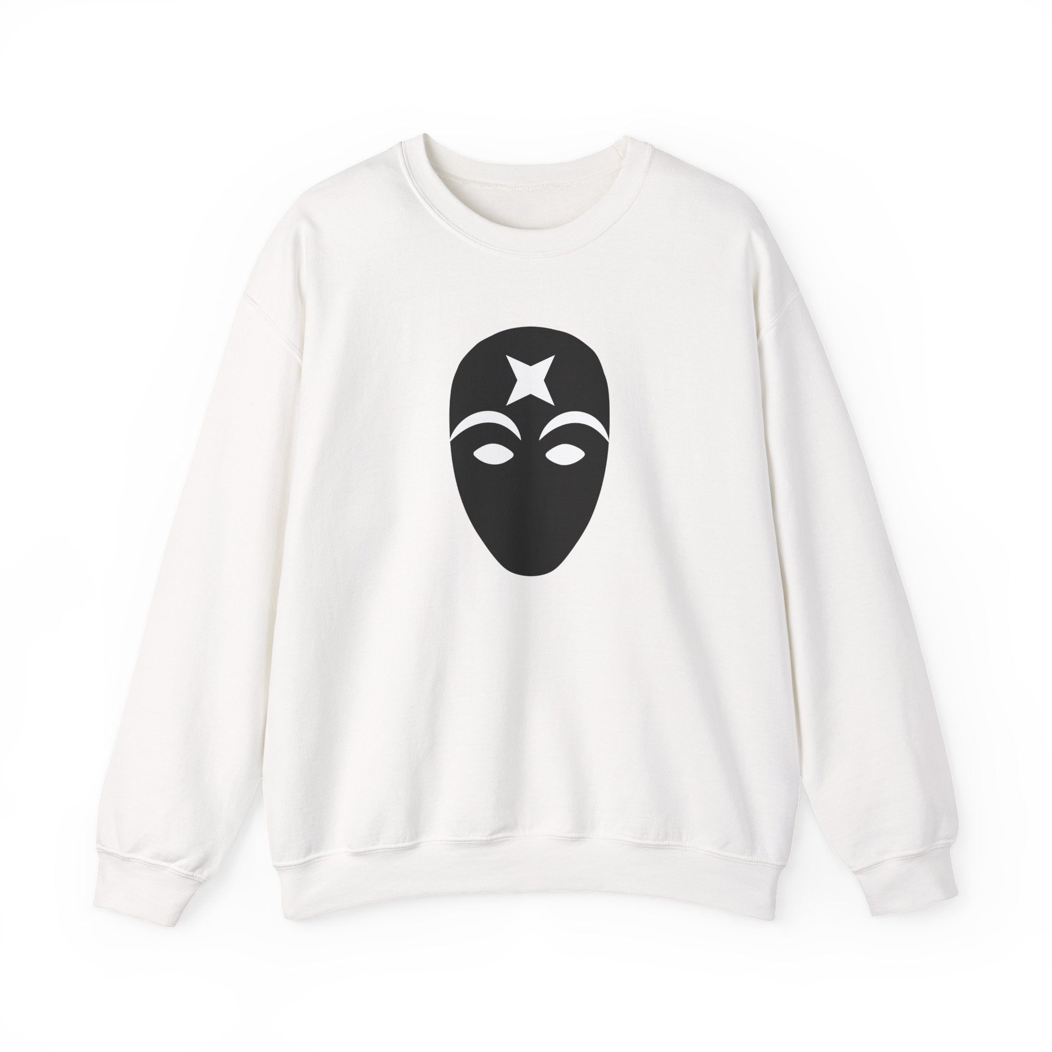 White sweatshirt with a black mask graphic featuring a star on a white background